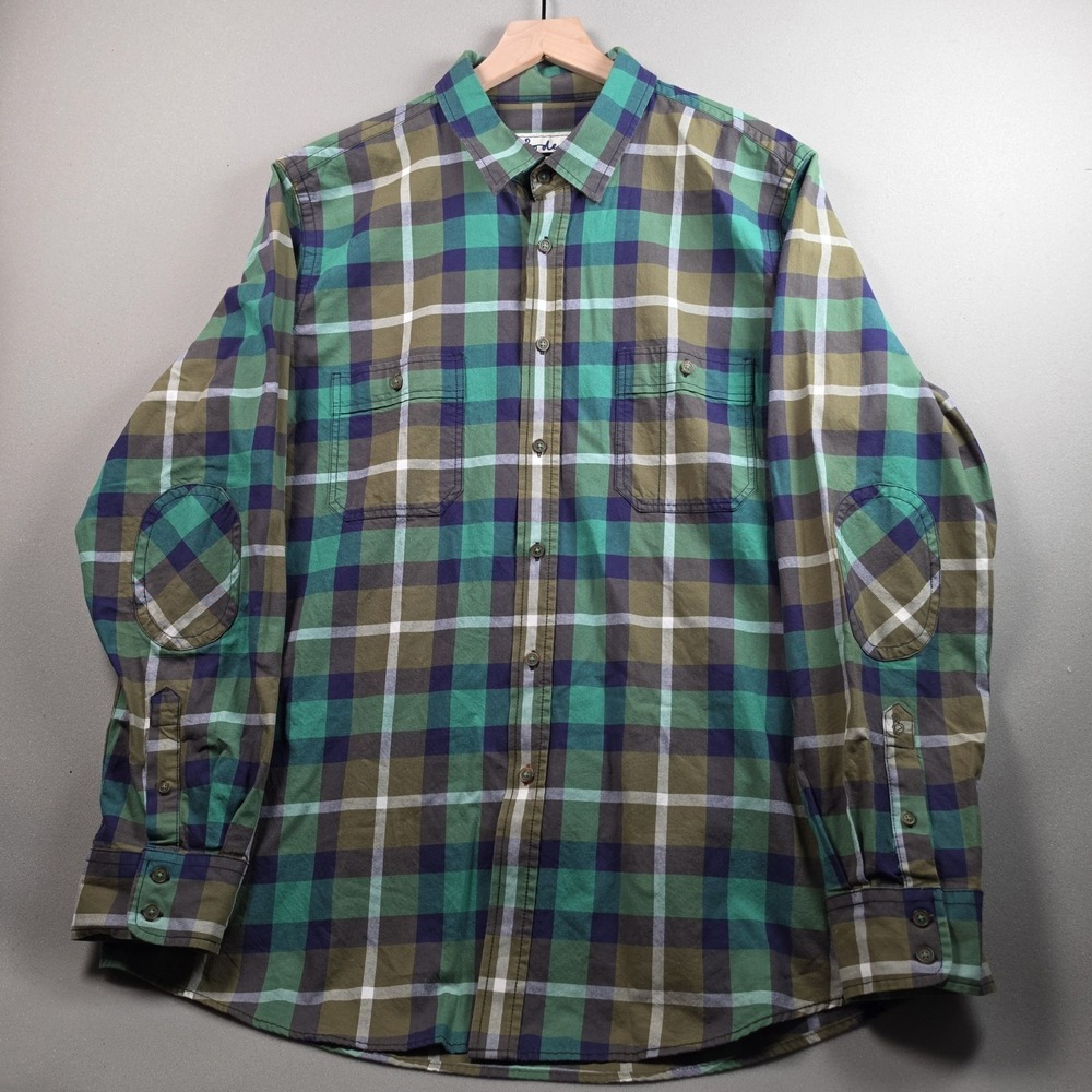 Boden London Mens Size XXL Green Plaid Long Sleeve Button Up Shirt Elbow Patches